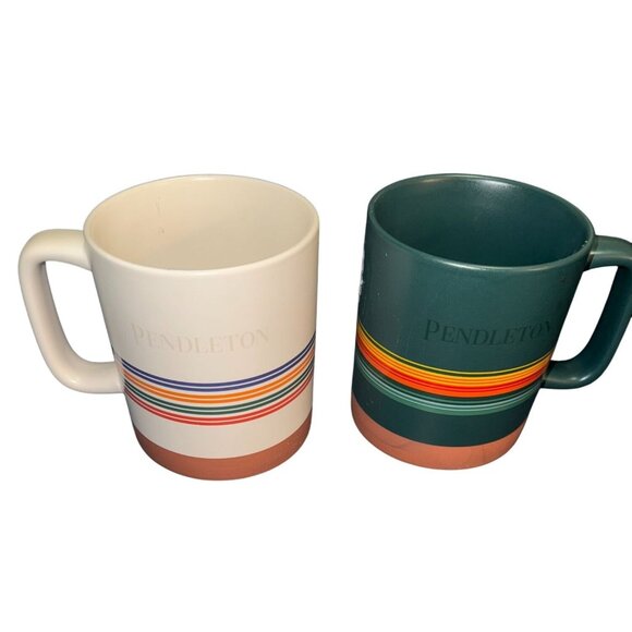Pendleton Set Of 2 Ceramic Coffee Mugs 18oz White & Green With Multicolor Stripe - Picture 1 of 7